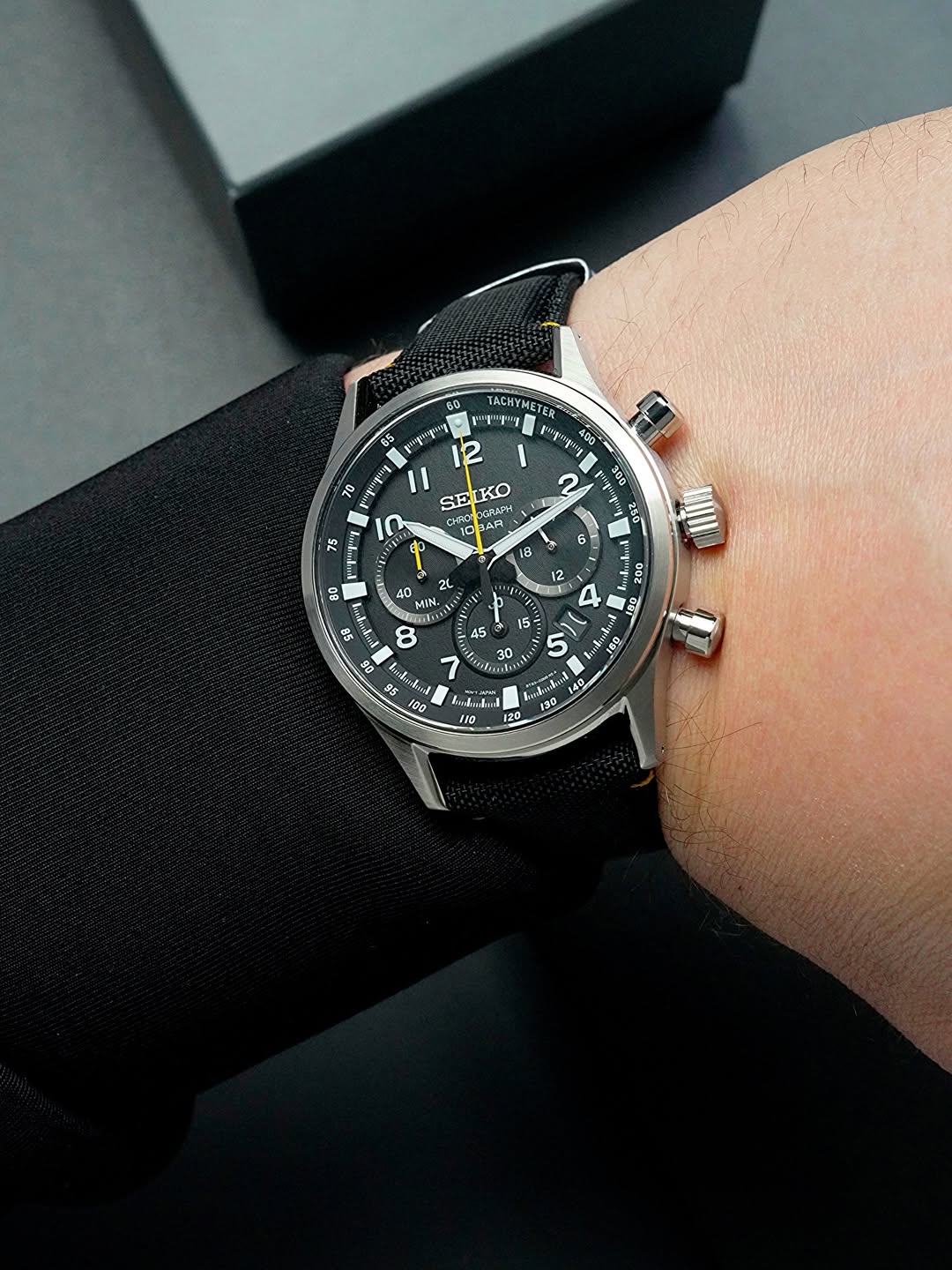 Seiko SSB449P1 Men's Chronograph Watch, Black Dial, Black Nylon Strap